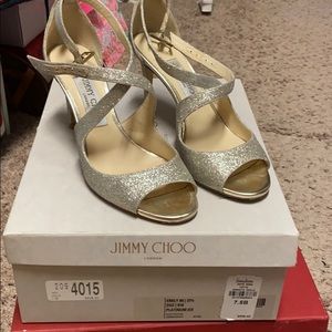 Jimmy Choo 37.5 platinum ice Emily 85 heel glitter